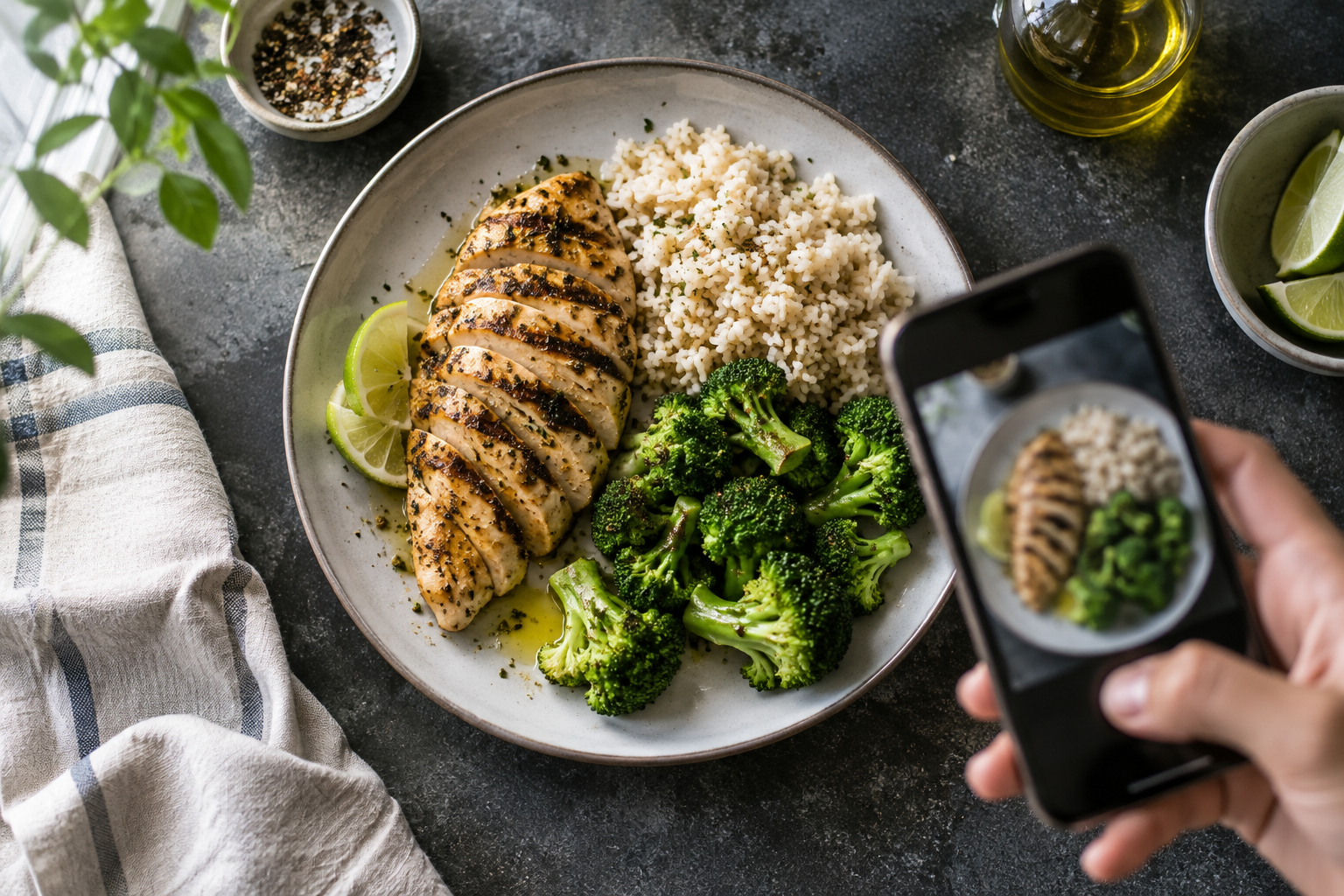 Illustration d’une assiette de poulet, riz et brocolis photographiée avec un téléphone