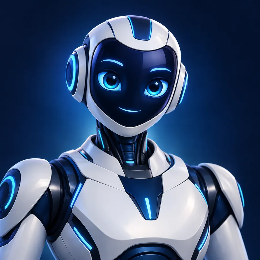 Mascotte Jesito IA : androïde blanc et bleu aux yeux cyan