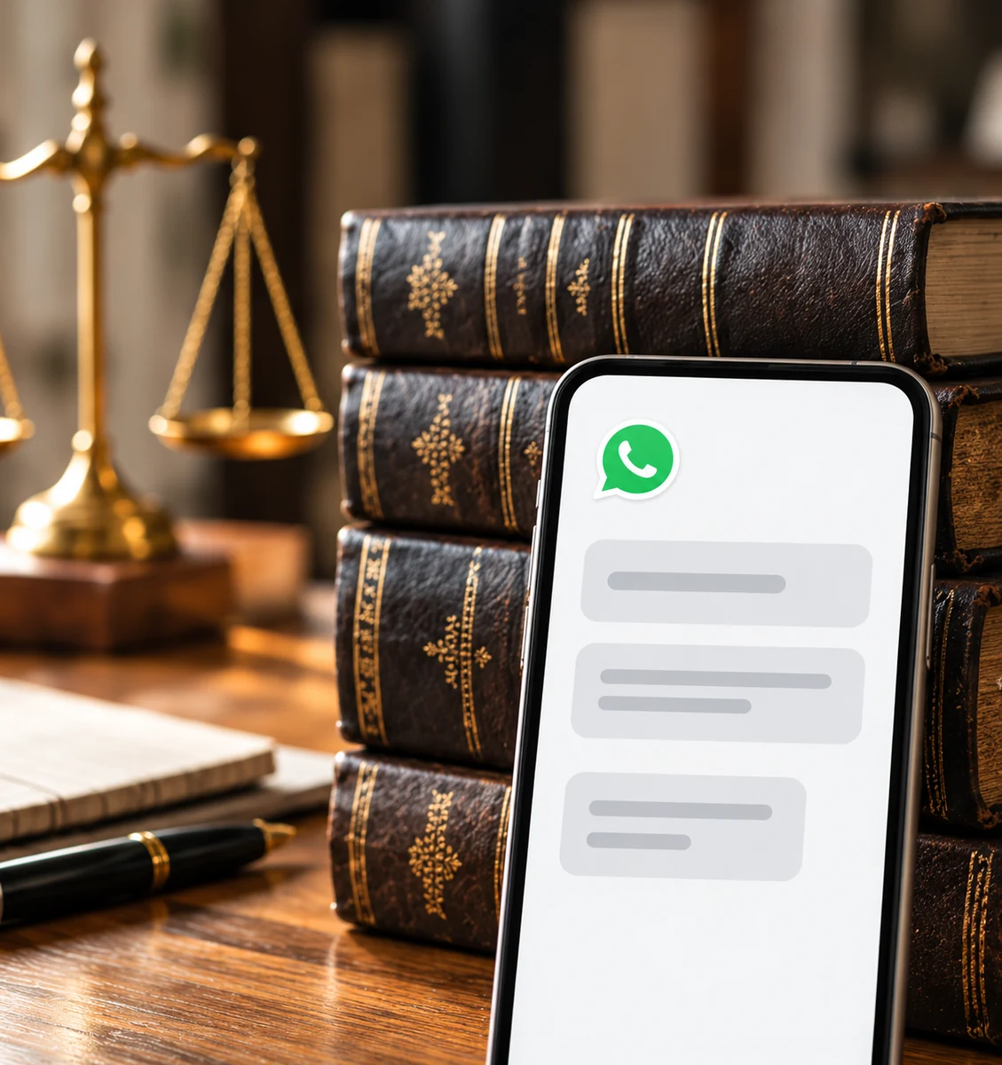 Illustration de Justinien : ouvrages juridiques et conversation sur téléphone